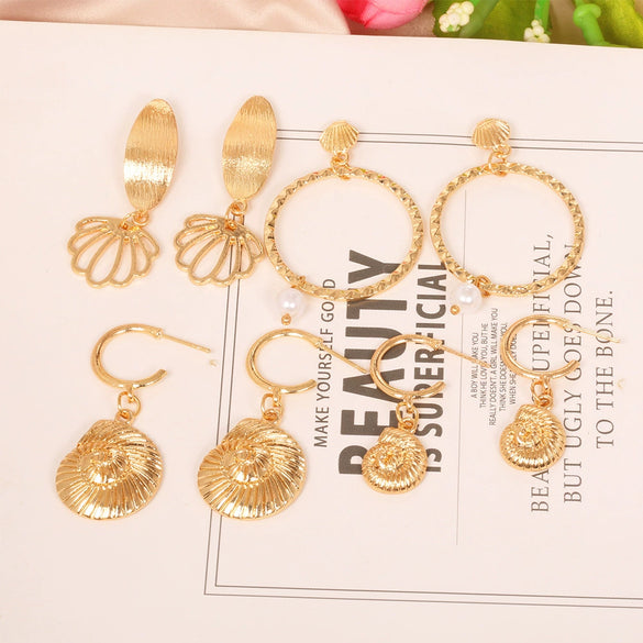Women's Alloy Electroplated Shell And Conch Earrings Geometric Marine Life Scallop Drop Earrings Set