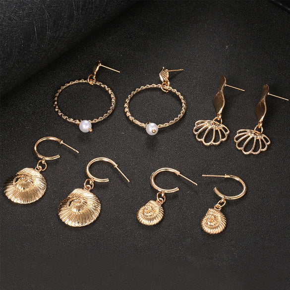 Women's Alloy Electroplated Shell And Conch Earrings Geometric Marine Life Scallop Drop Earrings Set