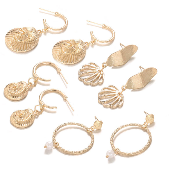 Women's Alloy Electroplated Shell And Conch Earrings Geometric Marine Life Scallop Drop Earrings Set