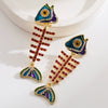 Women's Alloy Exaggerated Fashion Long Fishbone Earrings Inlaid With Colorful Rhinestones And Pearl Geometric Simple Style