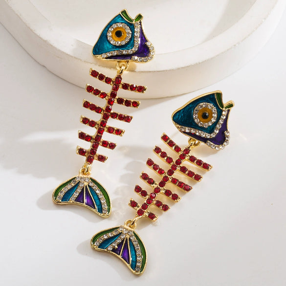 Women's Alloy Exaggerated Fashion Long Fishbone Earrings Inlaid With Colorful Rhinestones And Pearl Geometric Simple Style