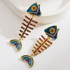 Women's Alloy Exaggerated Fashion Long Fishbone Earrings Inlaid With Colorful Rhinestones And Pearl Geometric Simple Style