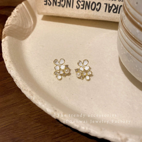 Women's Alloy Flower Electroplated Earrings With Pearl And Diamond Accents