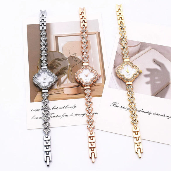 Women's Alloy Flower Shape Quartz Watch With Fourleaf Clover Design And Pin Buckle