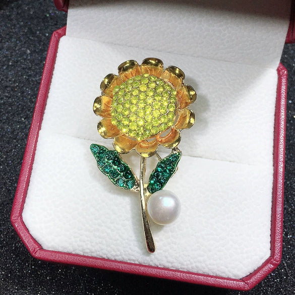 Women's Alloy Flower Shaped Electroplated Sunflower Pearl Brooch For Clothing Decoration