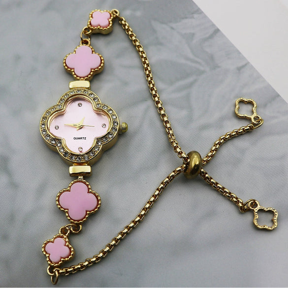 Women's Alloy Fourleaf Clover Shaped Diamondencrusted Casual Watch