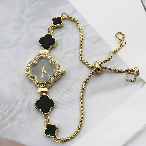 Women's Alloy Fourleaf Clover Shaped Diamondencrusted Casual Watch