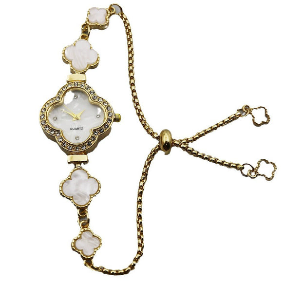 Women's Alloy Fourleaf Clover Shaped Diamondencrusted Casual Watch