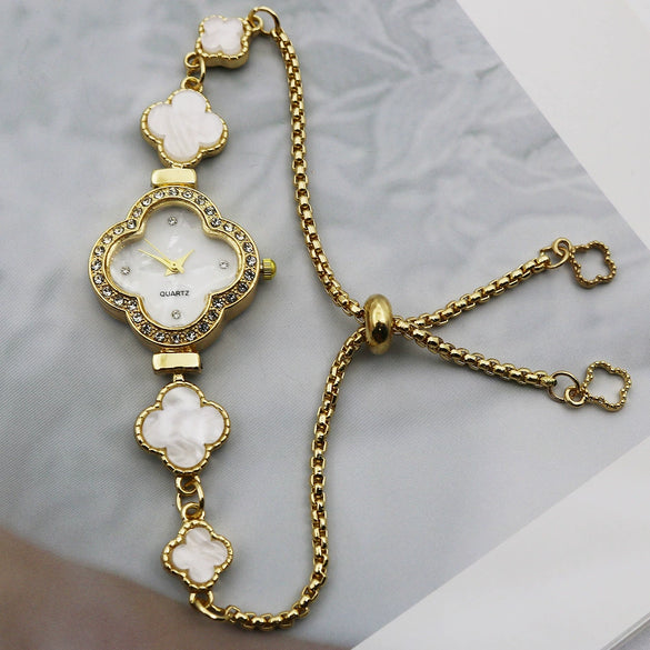 Women's Alloy Fourleaf Clover Shaped Diamondencrusted Casual Watch