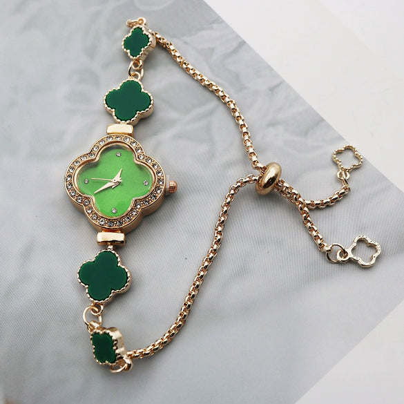 Women's Alloy Fourleaf Clover Shaped Diamondencrusted Casual Watch