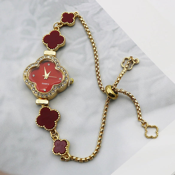 Women's Alloy Fourleaf Clover Shaped Diamondencrusted Casual Watch