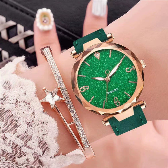 Women's Alloy Frosted Digital Quartz Watch And Fivepointed Star Bracelet Twopiece Set Leisure Style Pin Buckle Titanium Spiral Crown