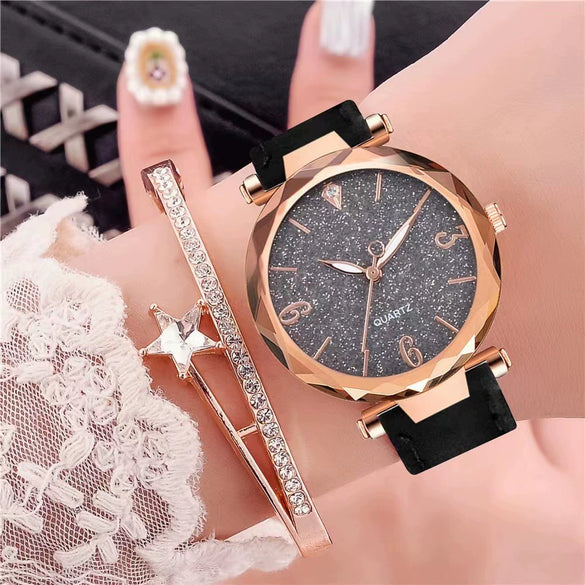 Women's Alloy Frosted Digital Quartz Watch And Fivepointed Star Bracelet Twopiece Set Leisure Style Pin Buckle Titanium Spiral Crown