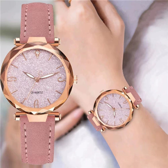 Women's Alloy Frosted Digital Quartz Watch And Fivepointed Star Bracelet Twopiece Set Leisure Style Pin Buckle Titanium Spiral Crown