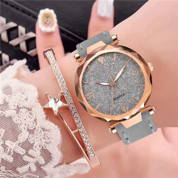 Women's Alloy Frosted Digital Quartz Watch And Fivepointed Star Bracelet Twopiece Set Leisure Style Pin Buckle Titanium Spiral Crown