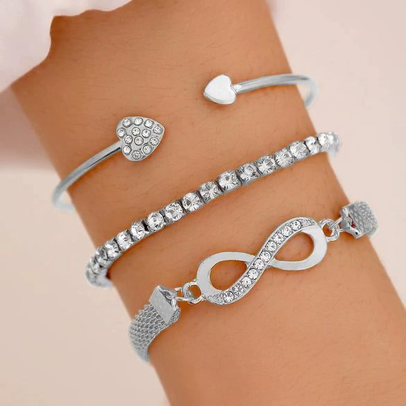 Women's Alloy Geometric And Heart Shape Bracelet Threepiece Set With Diamonds