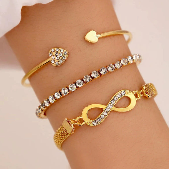 Women's Alloy Geometric And Heart Shape Bracelet Threepiece Set With Diamonds