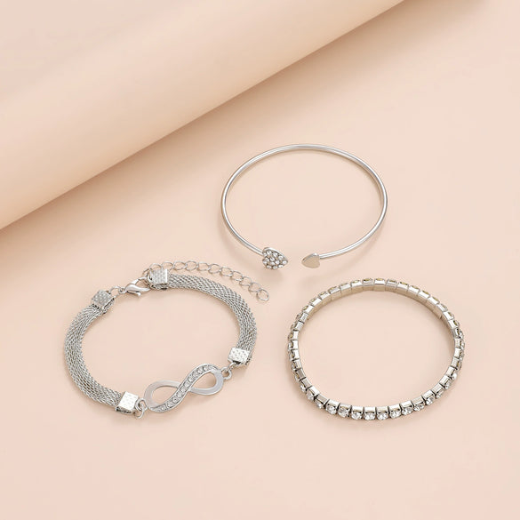 Women's Alloy Geometric And Heart Shape Bracelet Threepiece Set With Diamonds