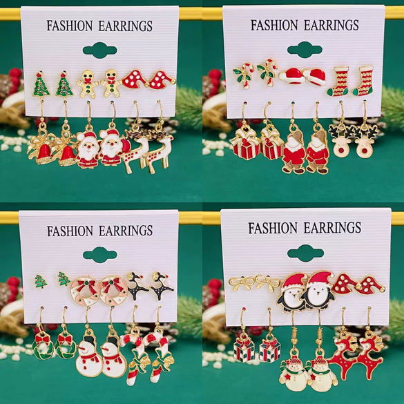 Women's Alloy Geometric Christmas Bell Elk Christmas Tree Earrings Set With Electroplating