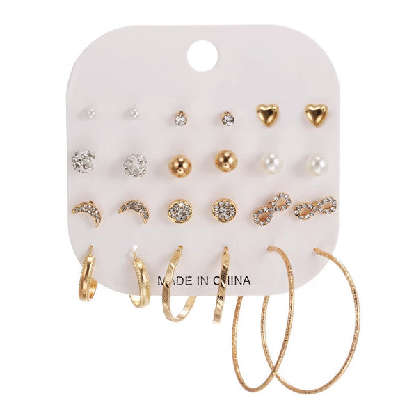 Women's Alloy Geometric Heart Metal Stud Earrings Set With Diamond And Oil Pearl Butterfly Lock Love Design
