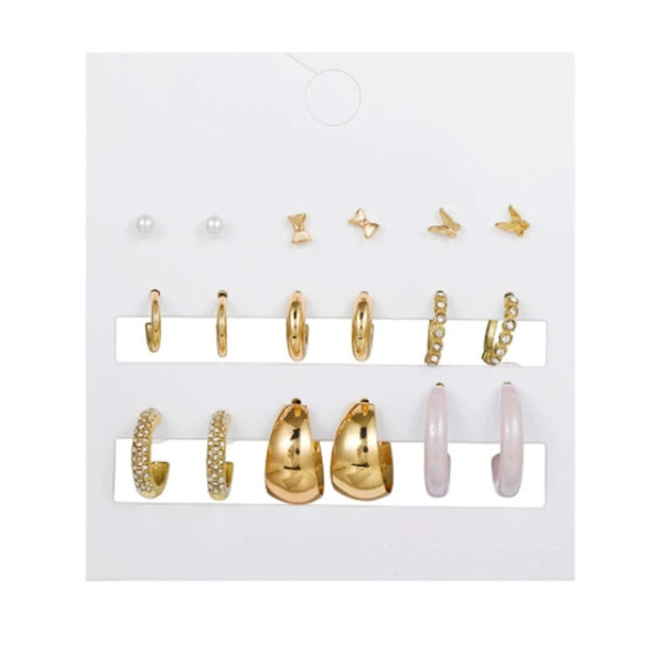 Women's Alloy Geometric Heart Metal Stud Earrings Set With Diamond And Oil Pearl Butterfly Lock Love Design
