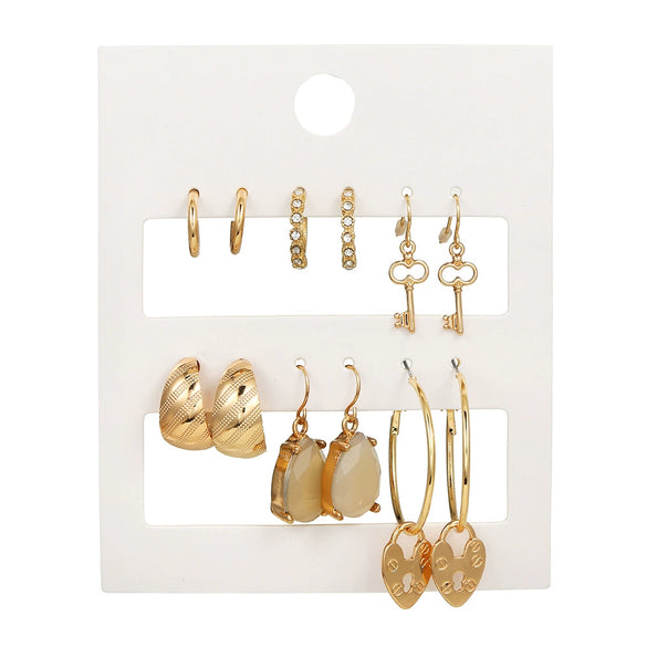 Women's Alloy Geometric Heart Metal Stud Earrings Set With Diamond And Oil Pearl Butterfly Lock Love Design