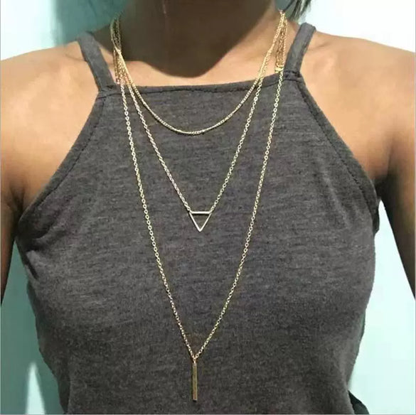 Women's Alloy Geometric Hollow Triangle Stick Multilayer Necklace With Electroplated Finish