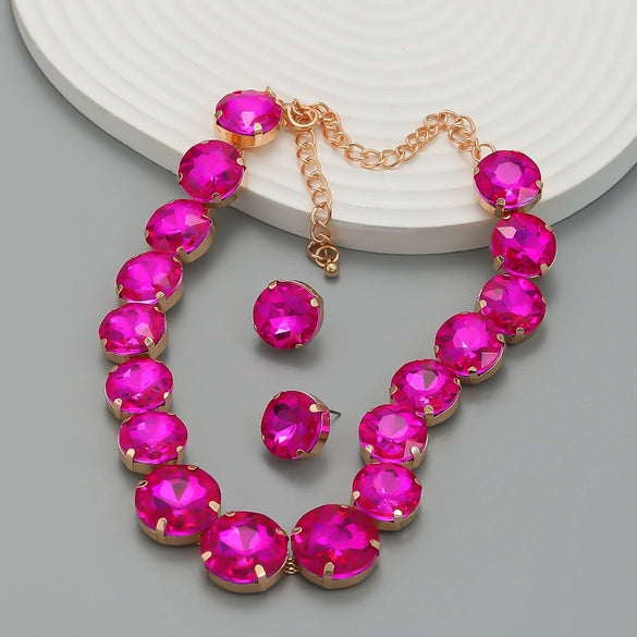 Women's Alloy Geometric Round Glass Diamond Earrings And Necklace Combination Set