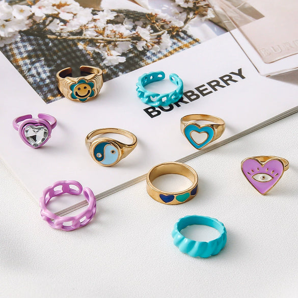 Women's Alloy Geometric Sunflower Smiling Face Ring With Colorful Oil Drop Finish And Stone Inlay Fashion Simple Finger Ring
