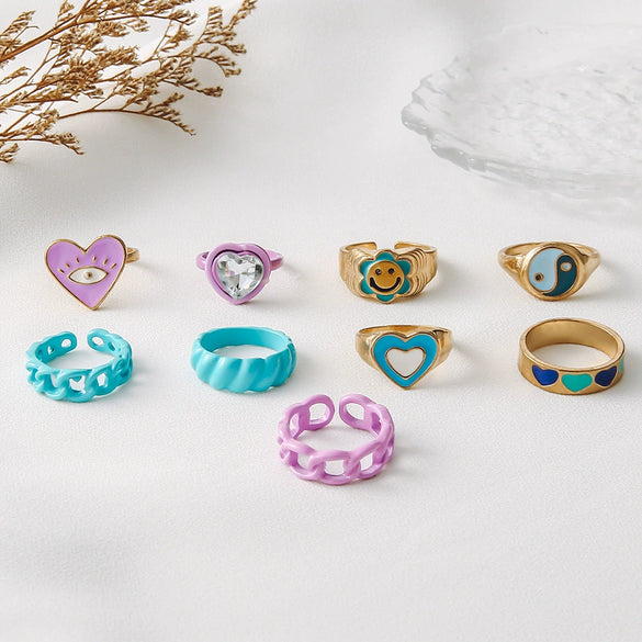 Women's Alloy Geometric Sunflower Smiling Face Ring With Colorful Oil Drop Finish And Stone Inlay Fashion Simple Finger Ring