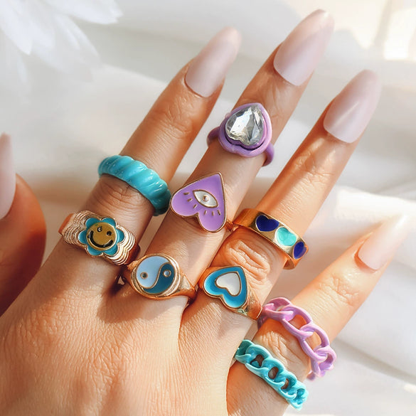 Women's Alloy Geometric Sunflower Smiling Face Ring With Colorful Oil Drop Finish And Stone Inlay Fashion Simple Finger Ring