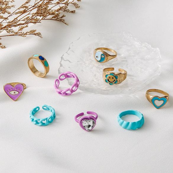 Women's Alloy Geometric Sunflower Smiling Face Ring With Colorful Oil Drop Finish And Stone Inlay Fashion Simple Finger Ring
