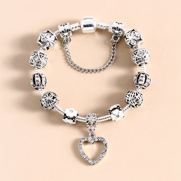 Women's Alloy Heart Flower Beaded Bracelet With Electroplated Finish Trendy Fashion Jewelry