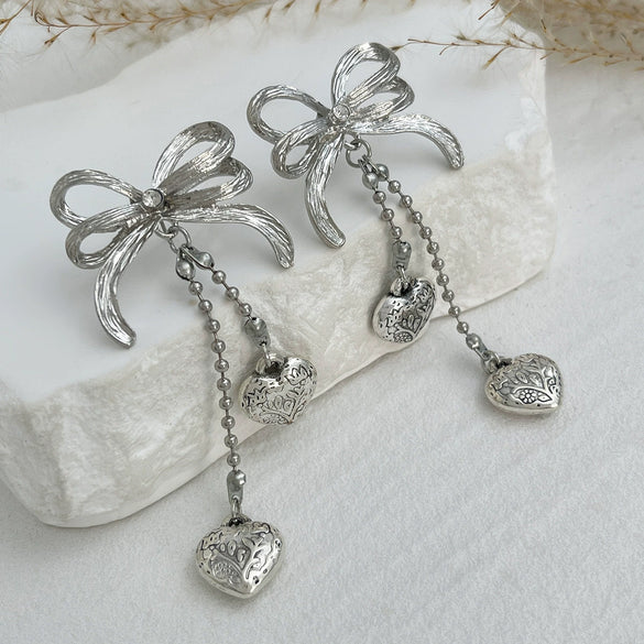 Women's Alloy Heartshaped And Bow Pattern Electroplated Metal Chain Pendant Earrings