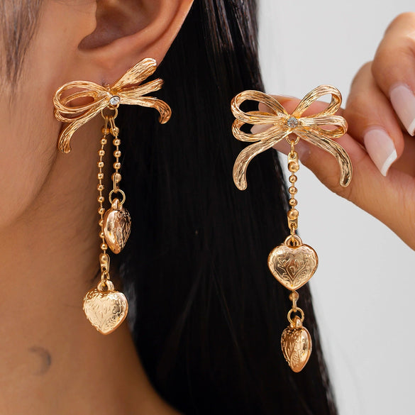Women's Alloy Heartshaped And Bow Pattern Electroplated Metal Chain Pendant Earrings