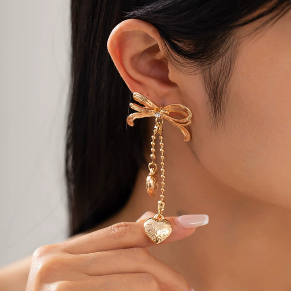 Women's Alloy Heartshaped And Bow Pattern Electroplated Metal Chain Pendant Earrings