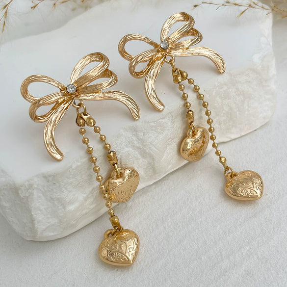 Women's Alloy Heartshaped And Bow Pattern Electroplated Metal Chain Pendant Earrings