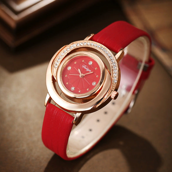 Women's Alloy Imitation Leather Stainless Steel Fashion Diamond Wiredrawing Round Dial Quartz Belt Watch