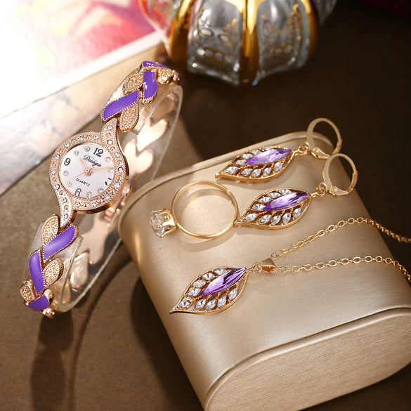 Women's Alloy Leaf Bracelet Quartz Watch Round Dial Stainless Steel Buckle Fashionable Style