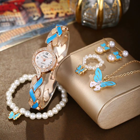 Women's Alloy Leaf Bracelet Quartz Watch Round Dial Stainless Steel Buckle Fashionable Style