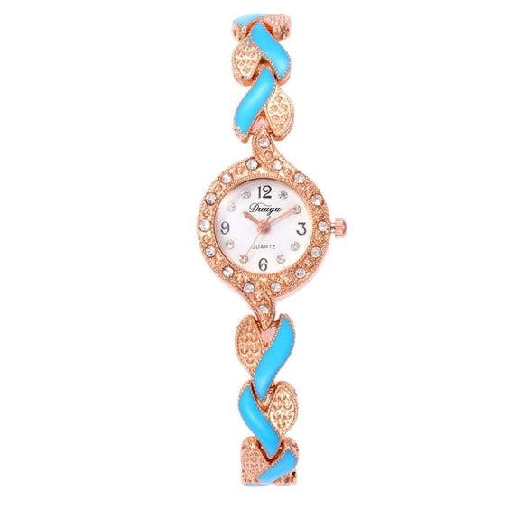Women's Alloy Leaf Bracelet Quartz Watch Round Dial Stainless Steel Buckle Fashionable Style