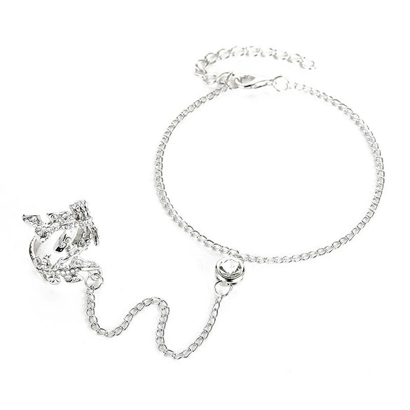 Women's Alloy Leaf Microinlay Ring Bracelet Conjoined Set Jewelry