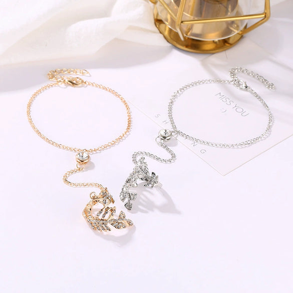 Women's Alloy Leaf Microinlay Ring Bracelet Conjoined Set Jewelry