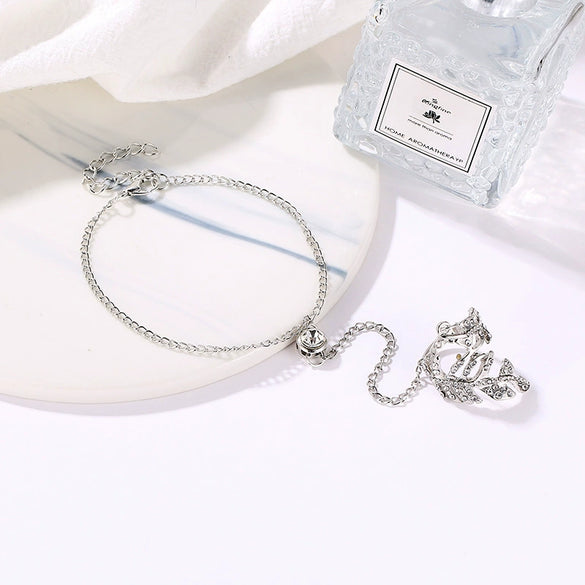 Women's Alloy Leaf Microinlay Ring Bracelet Conjoined Set Jewelry