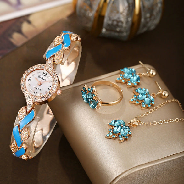 Women's Alloy Leaf Pendant Bracelet Quartz Watch Jewelry Set With Round Dial And Stainless Steel Buckle