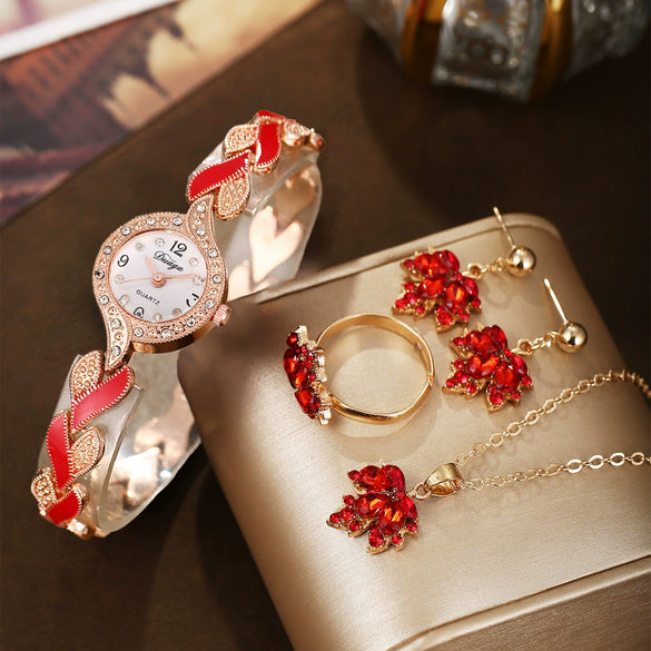 Women's Alloy Leaf Pendant Bracelet Quartz Watch Jewelry Set With Round Dial And Stainless Steel Buckle