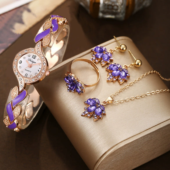 Women's Alloy Leaf Pendant Bracelet Quartz Watch Jewelry Set With Round Dial And Stainless Steel Buckle