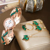 Women's Alloy Leaf Pendant Bracelet Quartz Watch Jewelry Set With Round Dial And Stainless Steel Buckle
