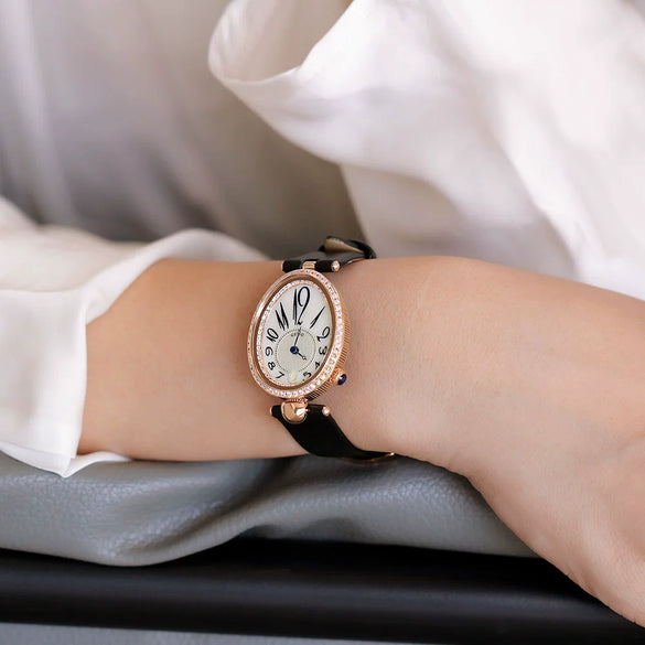 Women's Alloy Leather Gold Clasp Oval Dial Fashion Waterproof Quartz Watch