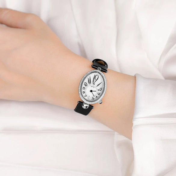 Women's Alloy Leather Gold Clasp Oval Dial Fashion Waterproof Quartz Watch